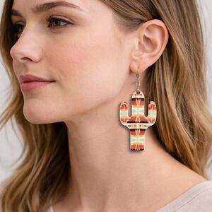 Southwestern Cactus Dangle Earrings | Aztec Boho Print | Western Style